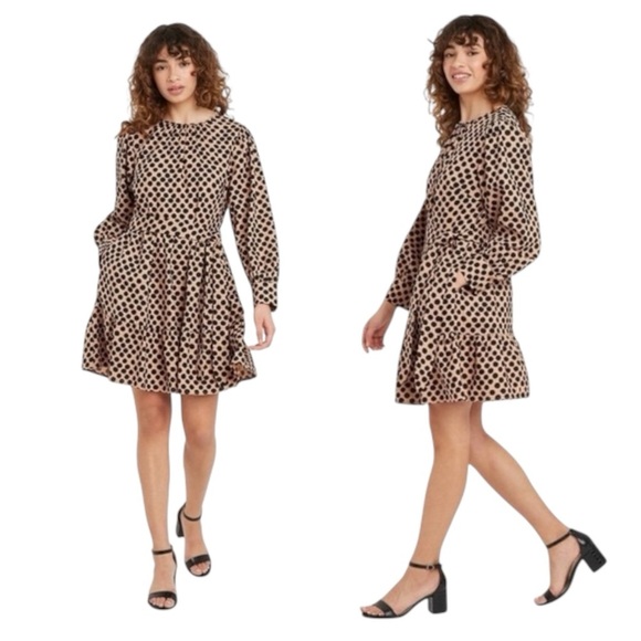 Who What Wear Dresses & Skirts - Who What Wear Neutral Polka Dot Balloon Long Sleeve Linen Mini Dress 00137